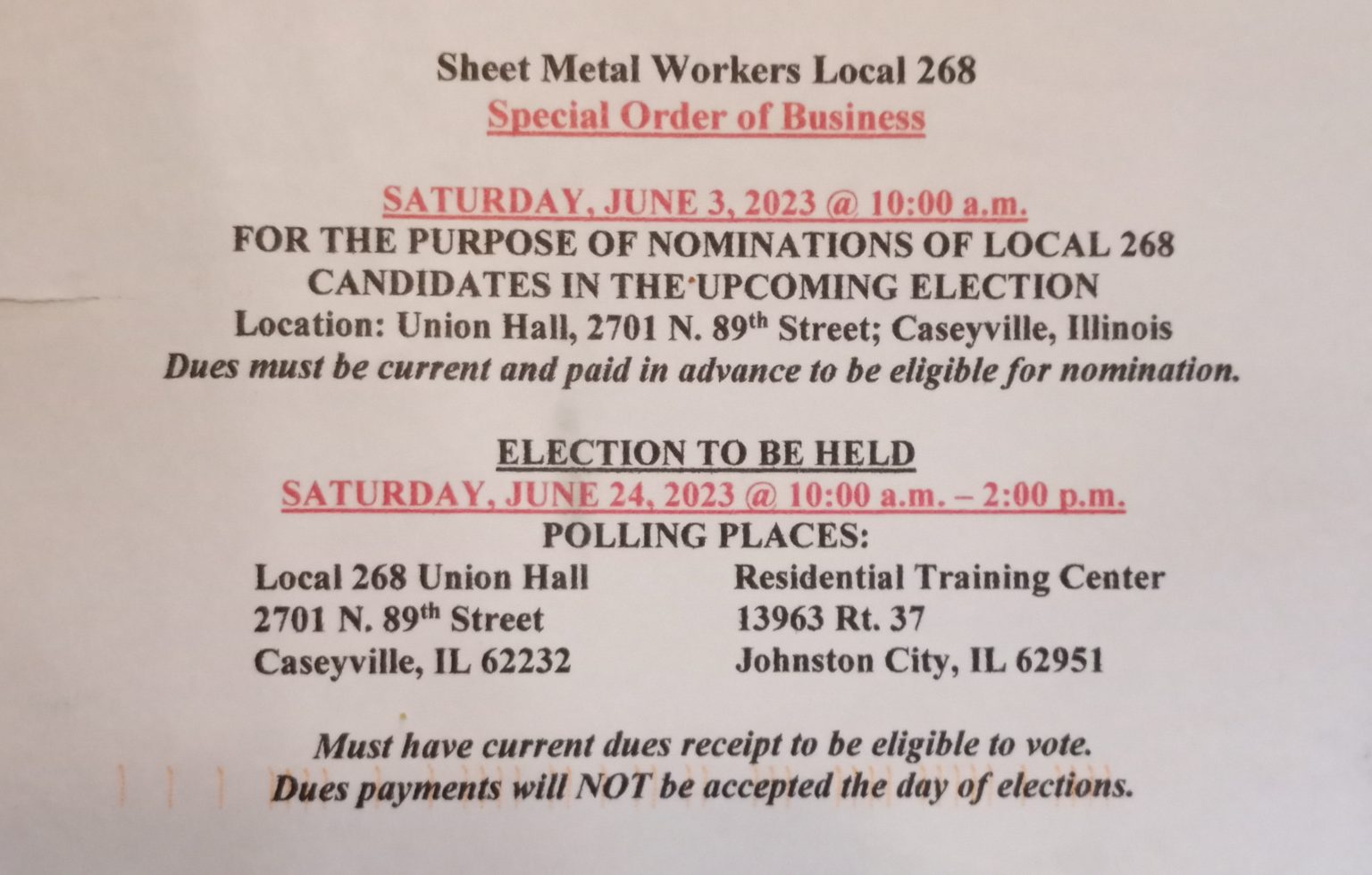 Special Order of Business – Sheet Metal Workers Local 268